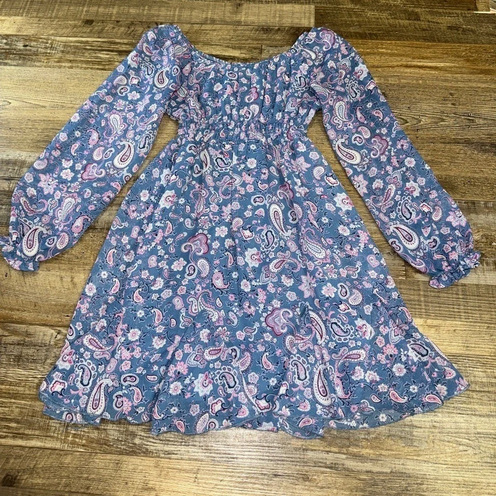 Girls Franki by Francesca's Blue Paisley Smocked Boho Dress Size M Long Sleeve
